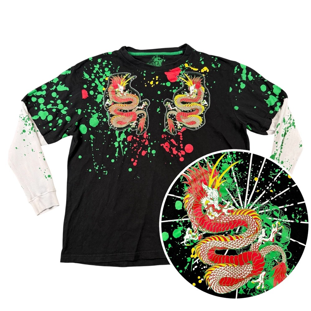 Y2K‎ Jinzu Dragon Graphic Layered T-Shirt Mens XXL Layered Black Green